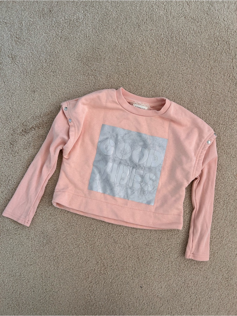 btween Light Pink Long Sleeve Top with Silver 'GOOD VIBES' Graphic